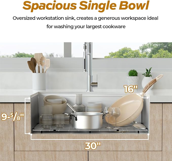 32 Inch Workstation Kitchen Sink, TECASA Undermount Deep Single Bowl, Stainless - Image 3