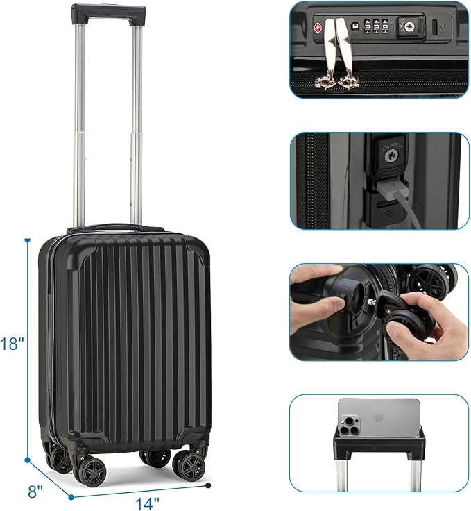Personal Item Small Suitcase 18x14x8 Inches Hardside Built In TSA Lock & USB - Image 5