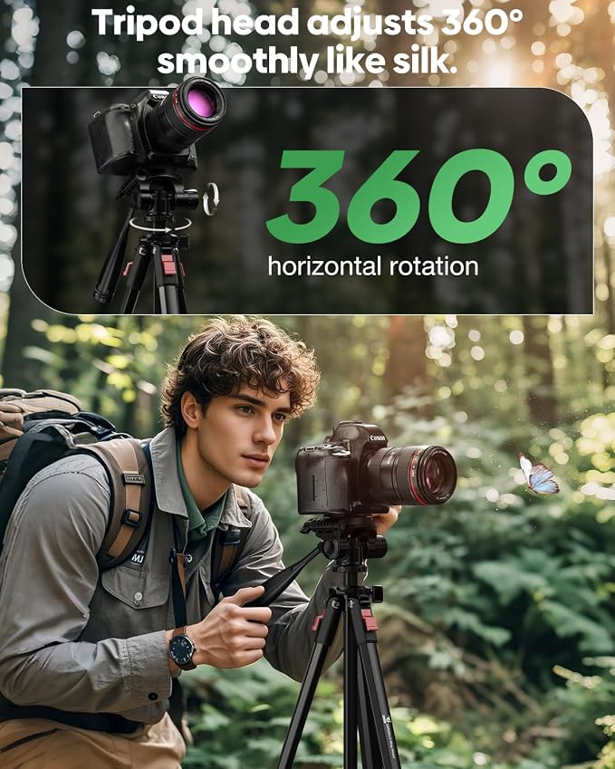 68" Lightweight Camera Tripod Stand, Compact Portable Travel Aluminum Tripod - Image 3