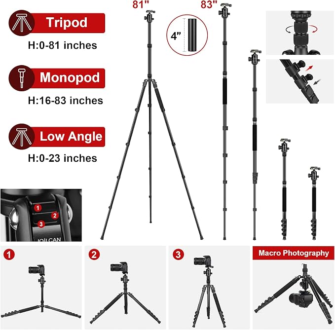 Tripod for Camera, 83 inch DSLR Tripods & Monopods, Aluminum Heavy Duty Tripod - Image 2