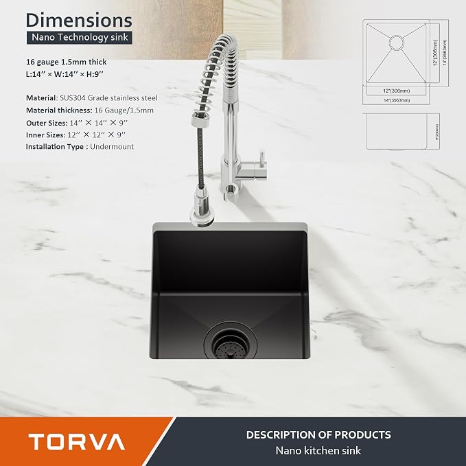 TORVA 14 x 14 Inch Gloss Black Undermount Kitchen Sink, PVD Coated Gunmetal - Image 4
