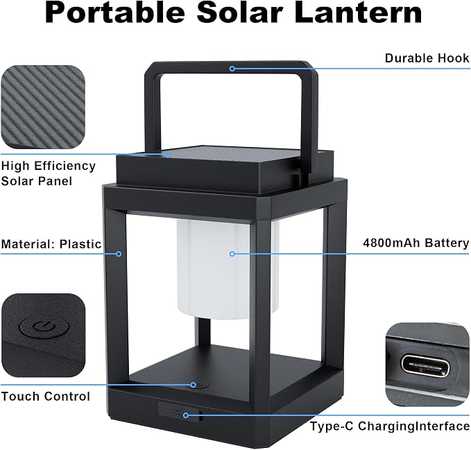 Outdoor Solar Table Lamp, 3-Level Brightness Warm LED Lantern, USB & Solar - Image 4