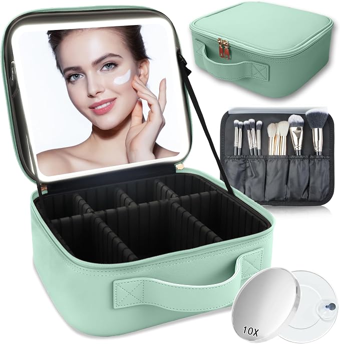 Makeup Bag with Led Mirror, Travel Makeup Organizer with 3 Color Setting & 10X by SUILU