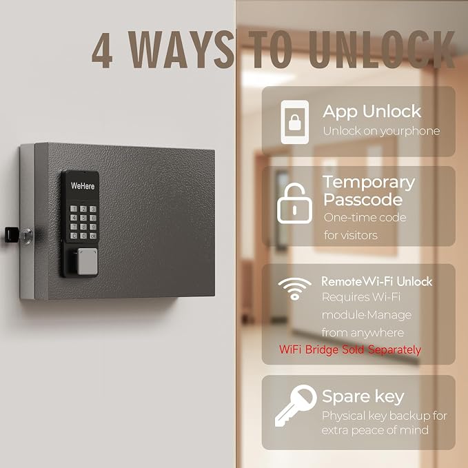 WeHere 16 Key Lock Box Wall Mount, APP Bluetooth/OTP/Wi-Fi/Fixed Code/Key Unlock - Image 4
