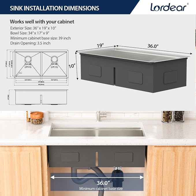 Lordear 36 Inch Undermount Kitchen Sink Double Bowl Stainless Steel Kitchen - Image 5