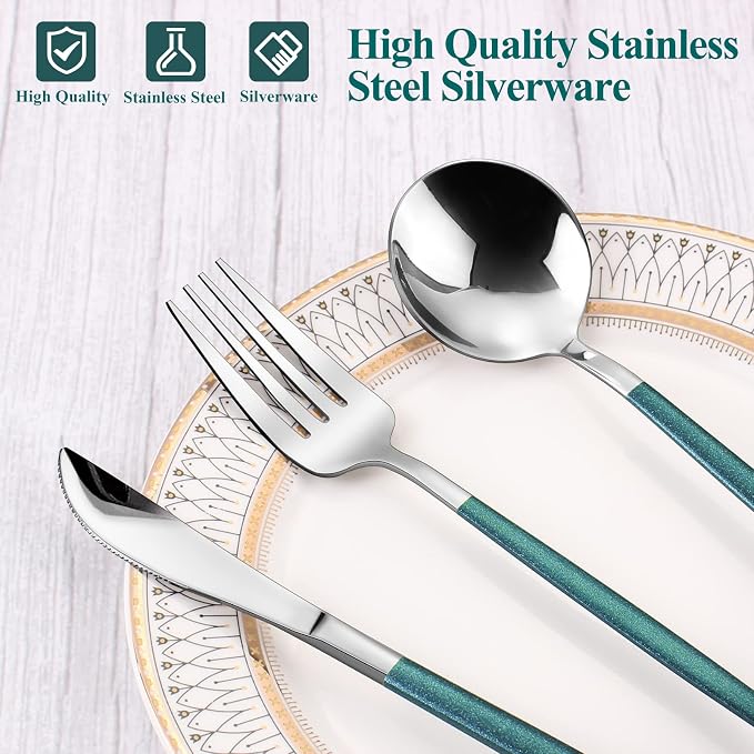 Mirror Silver Green Silverware Set, 20-Piece Stainless Steel Flatware Set - Image 4