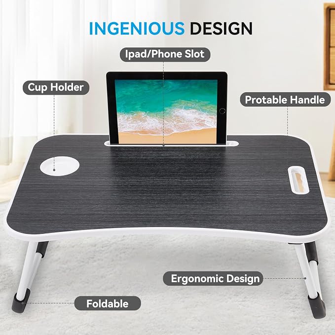 BUYIFY Folding Lap Desk, 23 Inch Portable Wood Deep Black Laptop Bed Desk Lap - Image 3