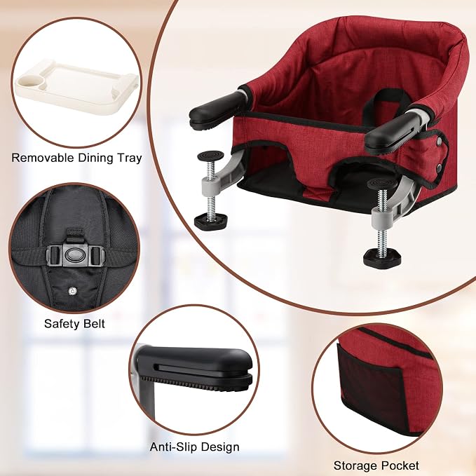 Hook-On High Chair with Removable Dining Tray, Folding Portable Clip-On Table - Image 5