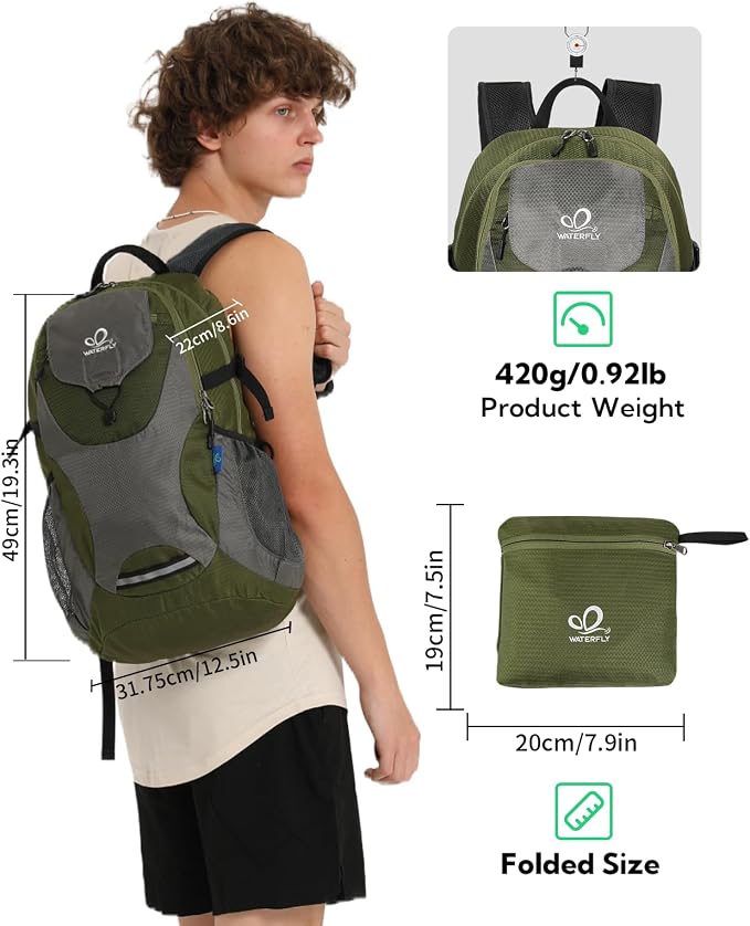WATERFLY Lightweight Packable Hiking Backpack: 30L Foldable Travel Daypack - Image 2