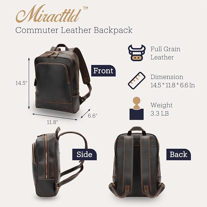 Leather Backpack for Men 15.6" Laptop Backpack 100% Madagascar top-Grain - Image 6