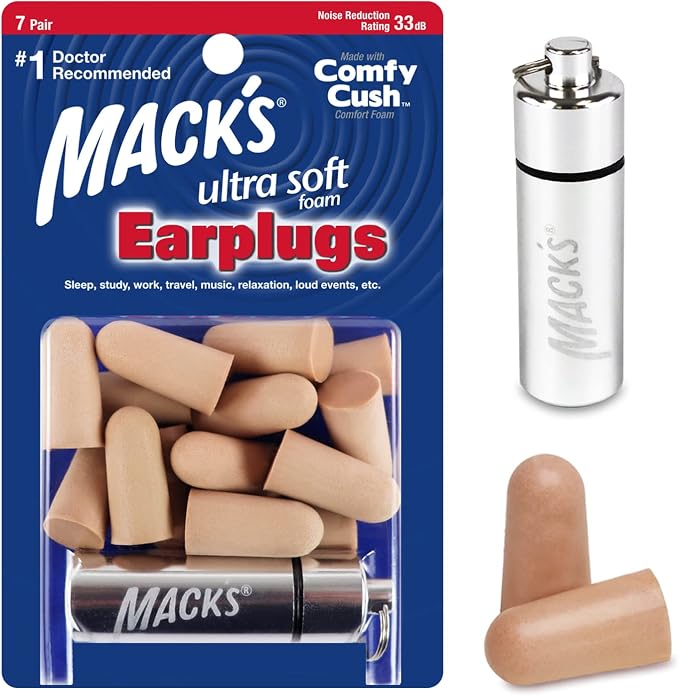 Mack’s Ultra Soft Foam Earplugs, 7 Pair + Case – 33 dB Highest NRR, Comfortable by Macks