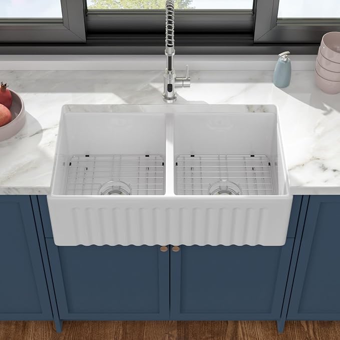 Dcolora Double Bowl Farmhouse Kitchen Sink Reversible Front Apron White - Image 3
