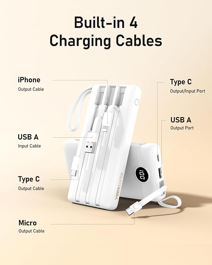 VEEKTOMX Portable Charger with Built in Cables 10000mAh, USB C Power Bank with - Image 3