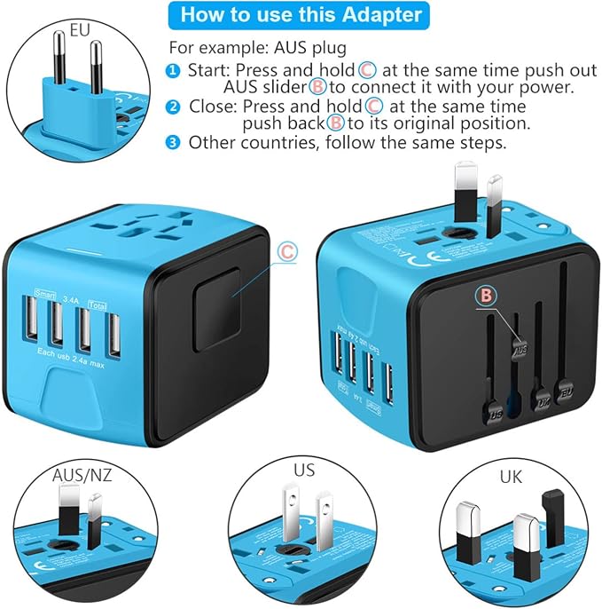 Universal International Travel Power Adapter W/Smart High Speed 2.4A 4xUSB Wall - Image 5