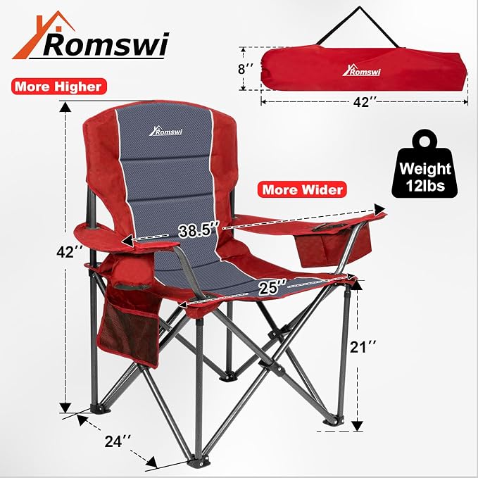 Romswi Oversized Camping Chairs, Heavy Duty Support 500 LBS, Padded Back & Arm - Image 2