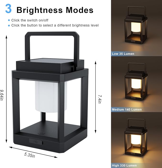 Outdoor Solar Table Lamp, 3-Level Brightness Warm LED Lantern, USB & Solar - Image 2