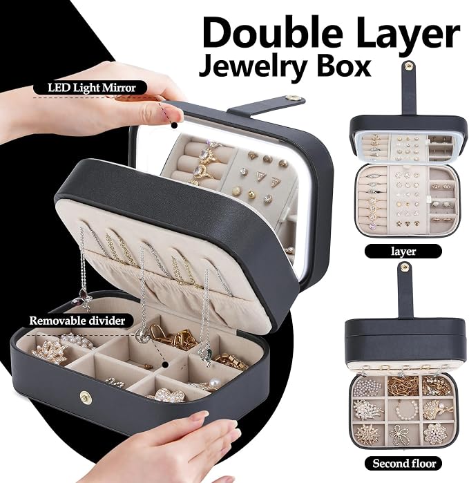 Travel Jewelry Case with LED Lighted Mirror, Portable Travel Jewelry Organizer - Image 2