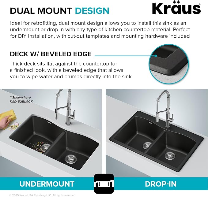 KRAUS Forteza 33-inch Granite Drop In/Undermount 50/50 Double Bowl White - Image 7
