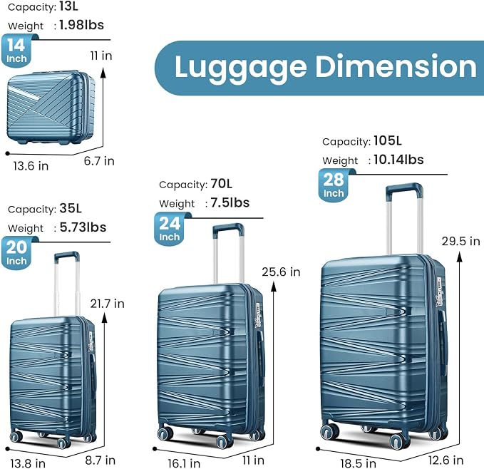 Campfun Luggage 4 Piece Sets, Expandable Carry On Luggage Set Hardshell PP - Image 2