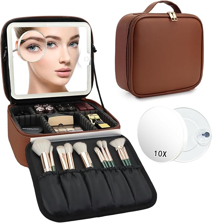 Travel Makeup Bag with LED Mirror and 10x magnifying glass with 3 Lighted - Image 9