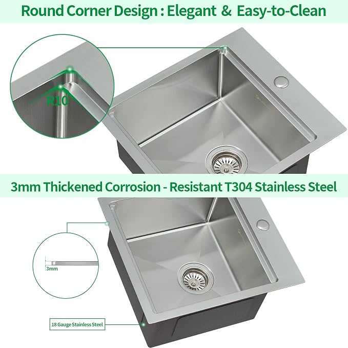 Kitchen Sink, 17 x 19 Inch Drop-in Bar Sink Stainless Steel Topmount Kitchen - Image 6