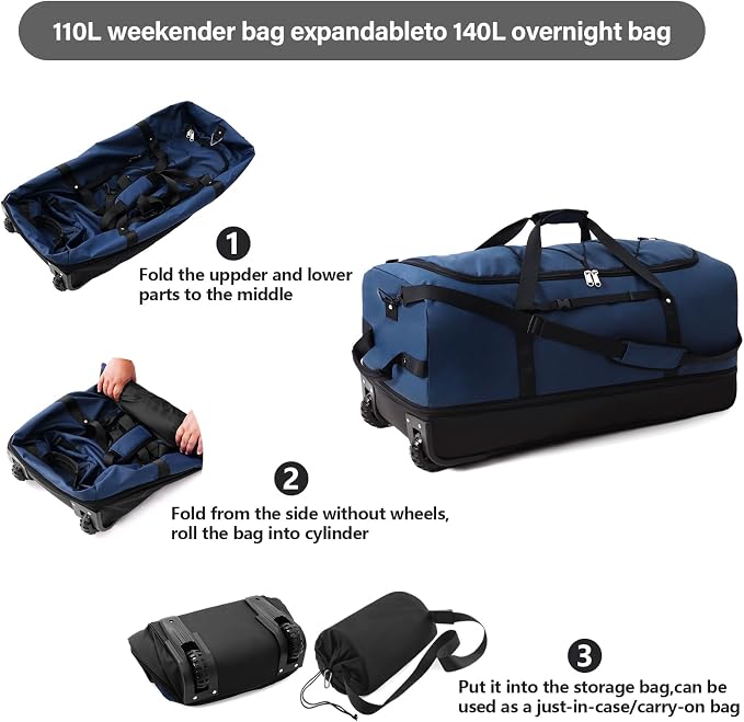 Rolling Duffle Bag with Wheels, 110L/140L Expandable Soft-Sided Foldable Duffle - Image 5
