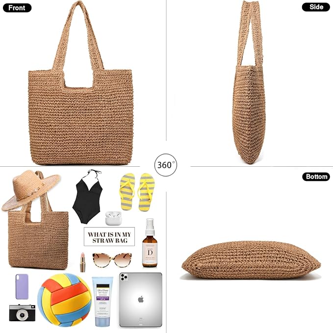 Straw Beach Bags for Women Woven Beach Tote Bag Casual Boho Large Shoulder - Image 3