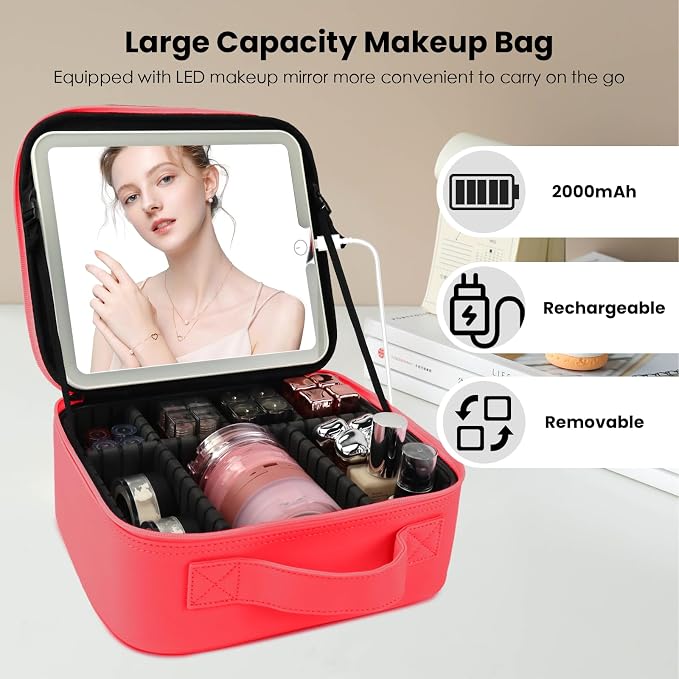 Travel Makeup Bag with LED Mirror and Light Makeup Travel Bag Organizer - Image 3