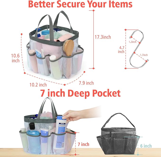 F-color Mesh Shower Caddy Portable, Upgrade Deeper 7 Pockets Shower Bag Basket - Image 4