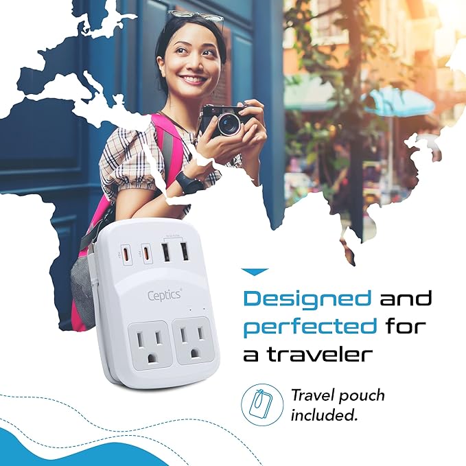 Ceptics World Travel Adapter Kit 2 USB-A, USB-C US Outlets, 20W/QC 18W Power - Image 4