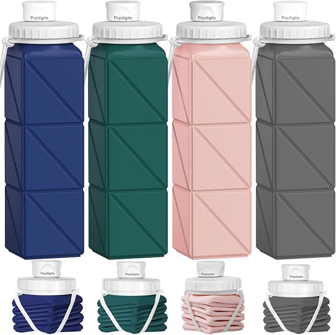 4pack Collapsible Water Bottles, 20.6oz Foldable Water Bottle BPA Free Reusable by POPDIGITO