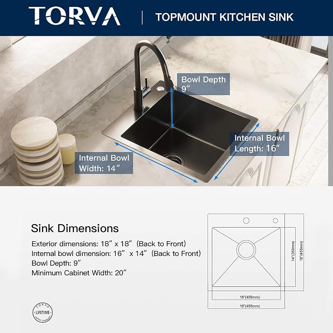 TORVA 18 x 18 Inch Gloss Black Drop-in Topmount Kitchen Sink - Image 3