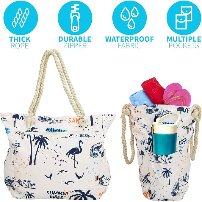 Beach Bag Spacious Shoulder Tote Travel & Gym Bag w/Multiple Pockets & Strong - Image 3