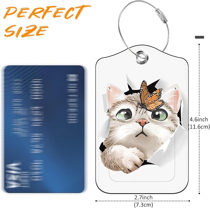 2 Pack Luggage Tag for Suitcase Cat and Butterfly in Hole Leather Travel Cruise - Image 2