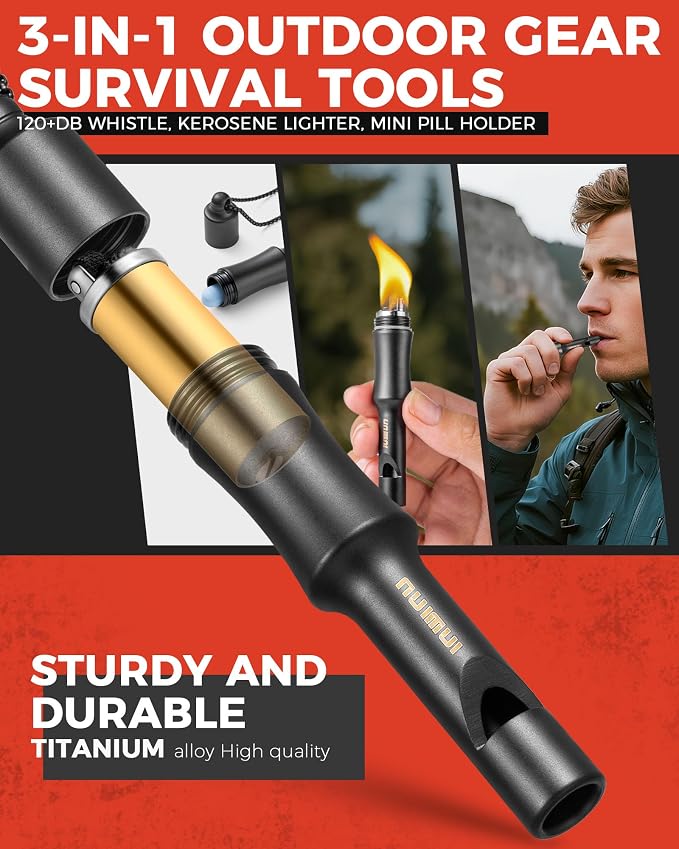 3-in-1 Fire Starter Survival Tool -Titanium Emergency Whistle, Kerosene Lighter - Image 2