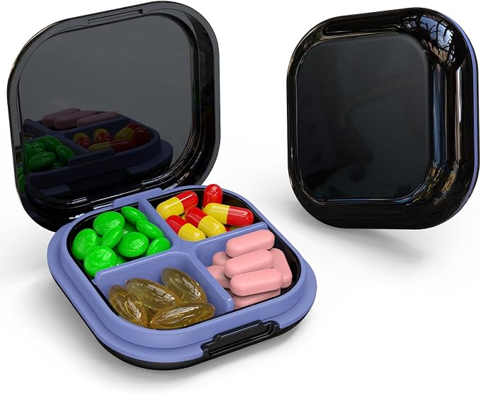 Daily Pill Organizer 4 Compartments, Small Pill Box Portable Travel Pill Case by TecQach