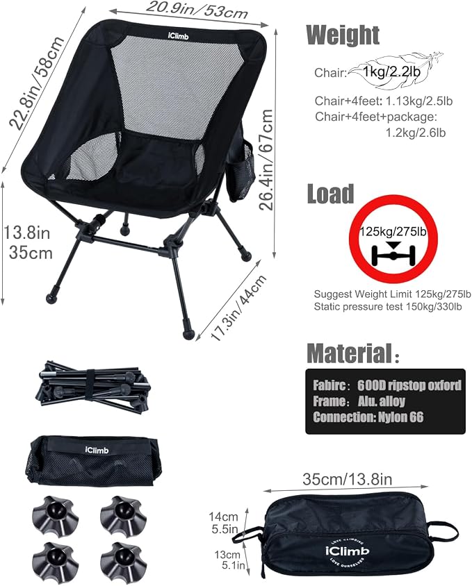 iClimb Ultralight Compact Camping Folding Beach Chair - Image 3