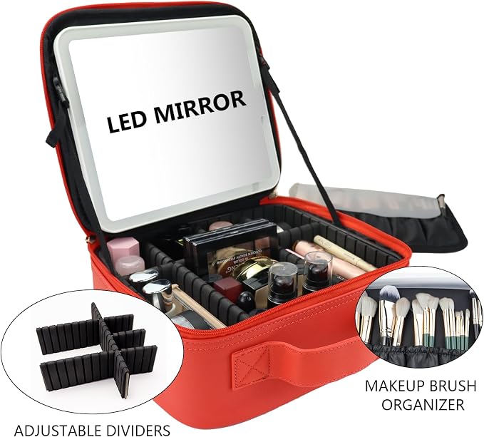 Travel Makeup Bag with LED Mirror Travel Makeup Organizer with 3 Lighted - Image 8