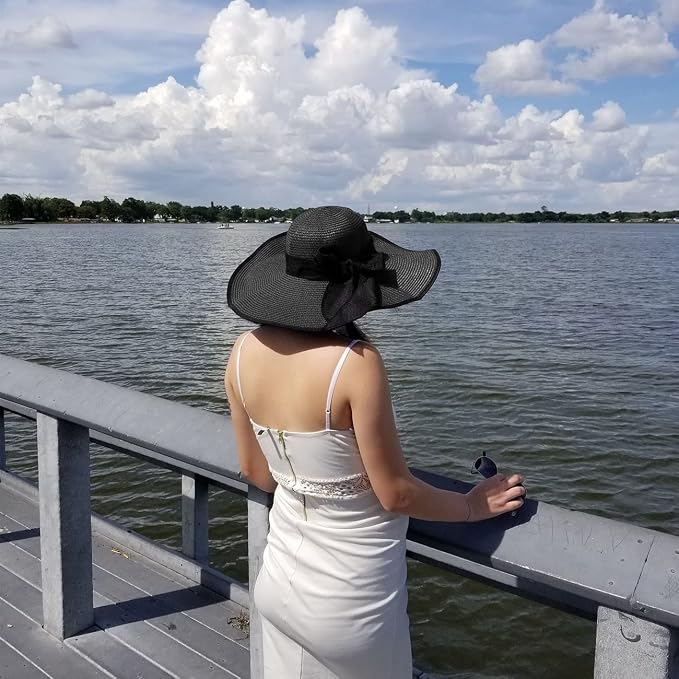DRESHOW Beach Hats for Women Big Straw Wide Brim Summer Hat Floppy Foldable - Image 6