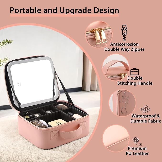 Makeup Bag with Led Mirror, Travel Makeup Organizer with 3 Color Setting - Image 4