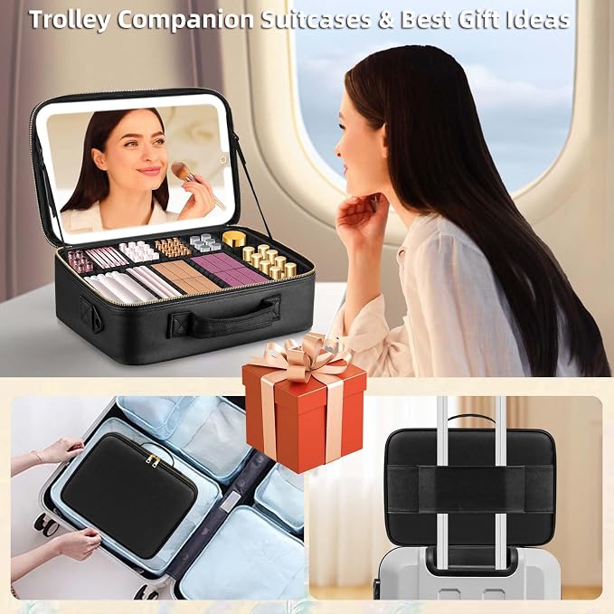 Large Travel Makeup Bag with LED Mirror, 3-Color Stepless Dimming Stand Mirror - Image 6