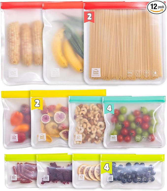 12 Pack Variety Reusable Food Storage Bags, Food Grade Silicone PEVA Material by 247BAGS