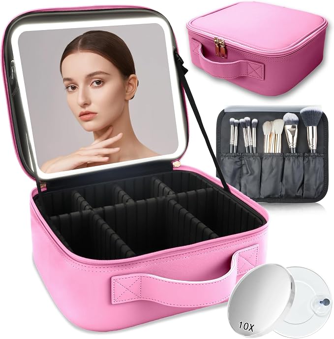 Makeup Bag with Led Mirror, Travel Makeup Organizer with 3 Color Setting & 10X by SUILU