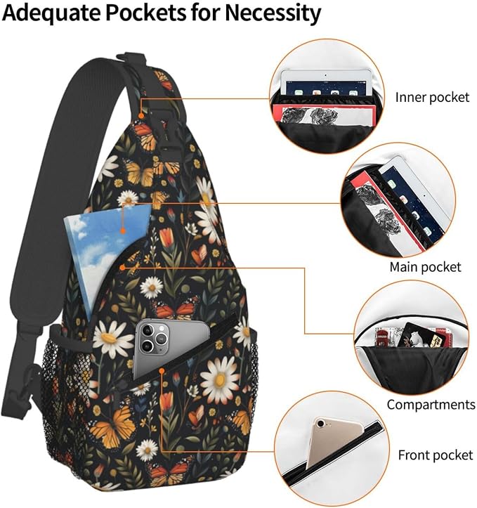 SUPLUCHOM Sling Bag Vintage Butterfly Daisy Leaf Hiking Daypack Crossbody - Image 4