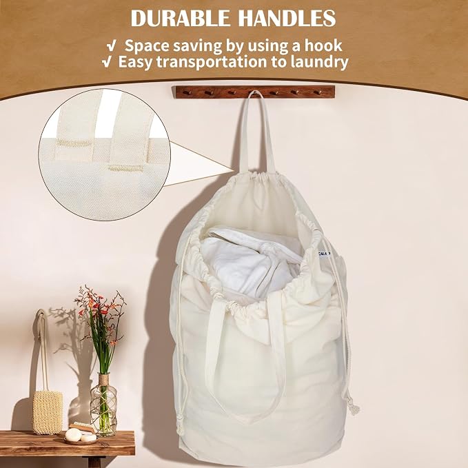 Canvas Laundry Bags with Handles & Square Base 13.8"x 13.8", Large Heavy Duty - Image 3