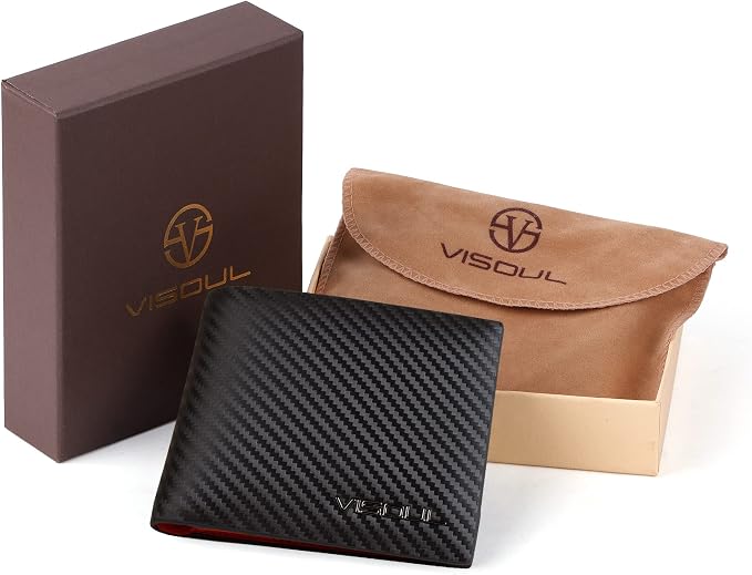VISOUL Mens Bifold Wallet with 2 ID Windows Carbon Fiber Leather, RFID Blocking - Image 6