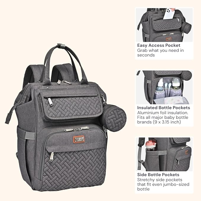 BabbleRoo Diaper Bag Backpack, Unisex Stylish Travel Back Pack Nappy Changing - Image 4
