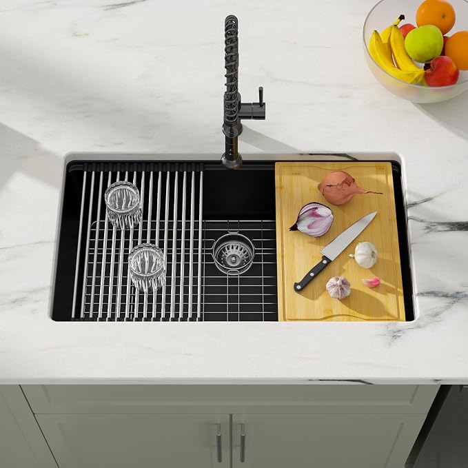 Dcolora 33 inches Granite Composite Kitchen Sink Workstation Black Undermount - Image 3