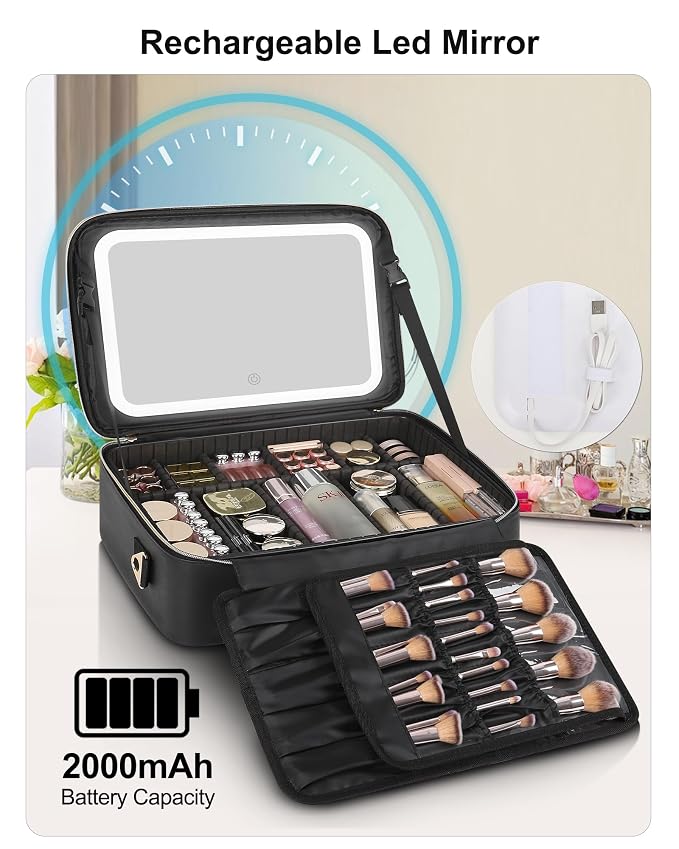 Relavel Travel Makeup Bag With LED Mirror, 16.2" Large Makeup Train Case - Image 5