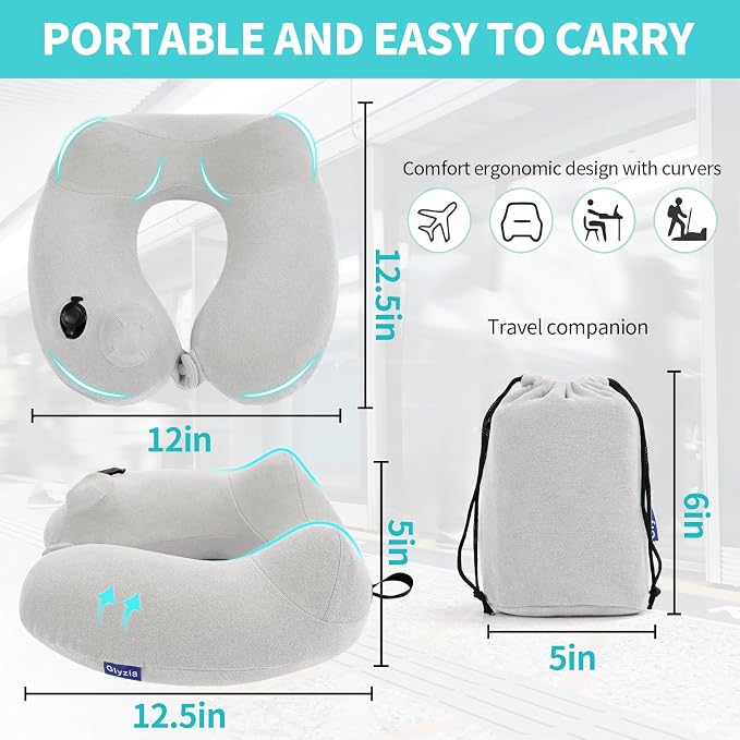Inflatable Travel Neck Pillow for Airplane, Head Support Velvet Adult Neck - Image 2